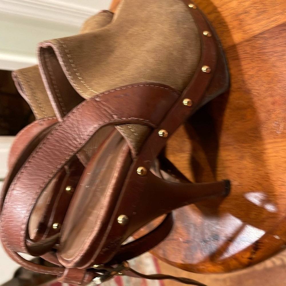 Size 8 tan open toe-suede and leather Tory Burch 5 inch heels good condition